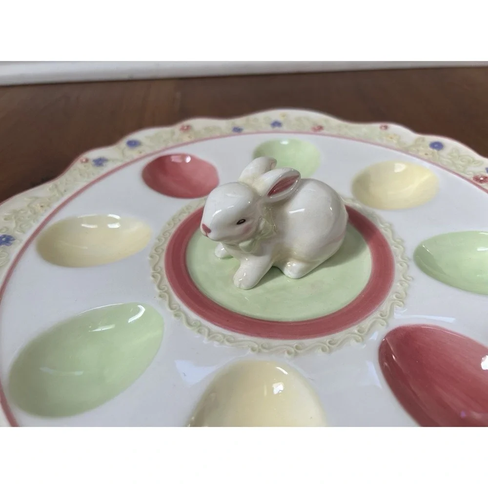 Easter Bunny Deviled Egg Plate Pastel Spring Platter 8 Eggs  11.5